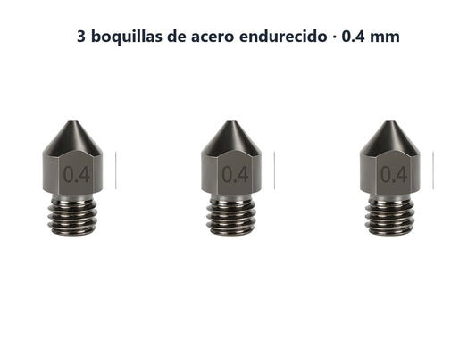 Boquillas acero endurecido 0.4mm MK8 / E3D V6 (pack 3 unidades)